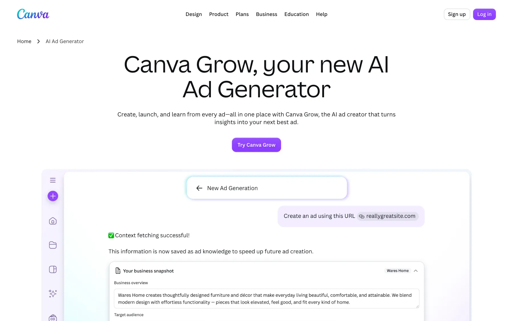 Canva Grow website, screenshot taken 23 October 2026